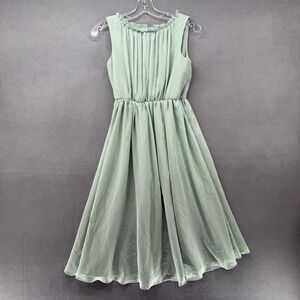 Azazie Rowan Sage Green Pleated Chiffon Ruffle Neck Midi Dress J16